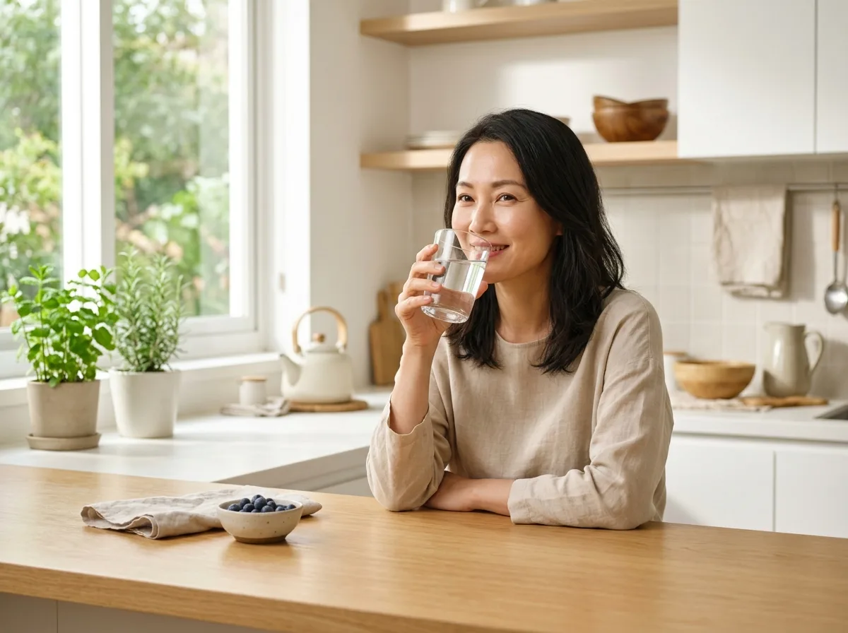 在明亮廚房喝水的女性